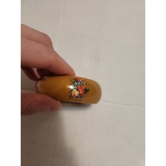 Collectible Bangle Bracelet Lt Brown Painted Flowers 3/4" W x 2 5/8" Across - Picture 4 of 6